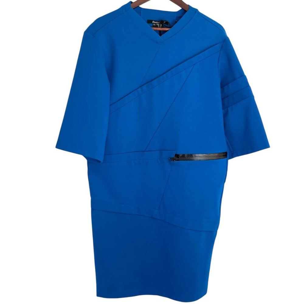 FishFash Strano Sheath Dress XS Blue Scuba Knit Avant Garde Lagenlook